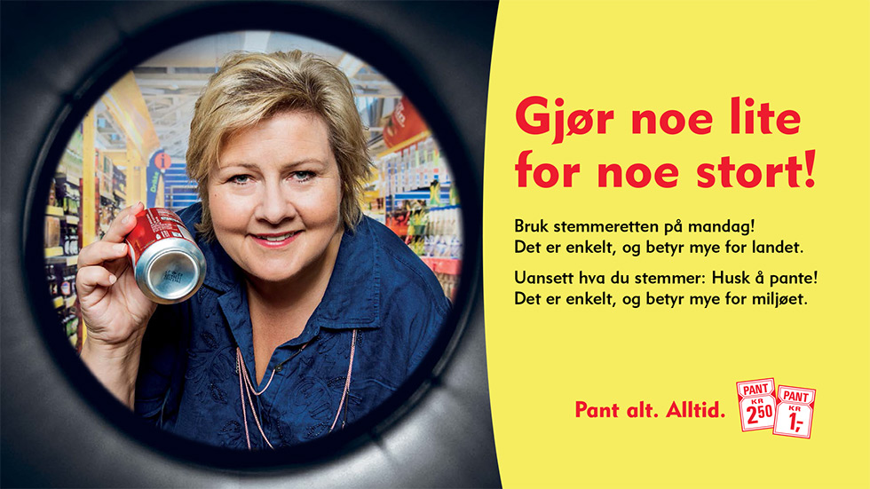 Før valet i 2014 stilte norske partileiarar opp i ein kampanje frå Norsk Resirk (no Infinitum) for å få folk til å stemme og pante. No lønar det siste seg endå meir. Foto: Apeland