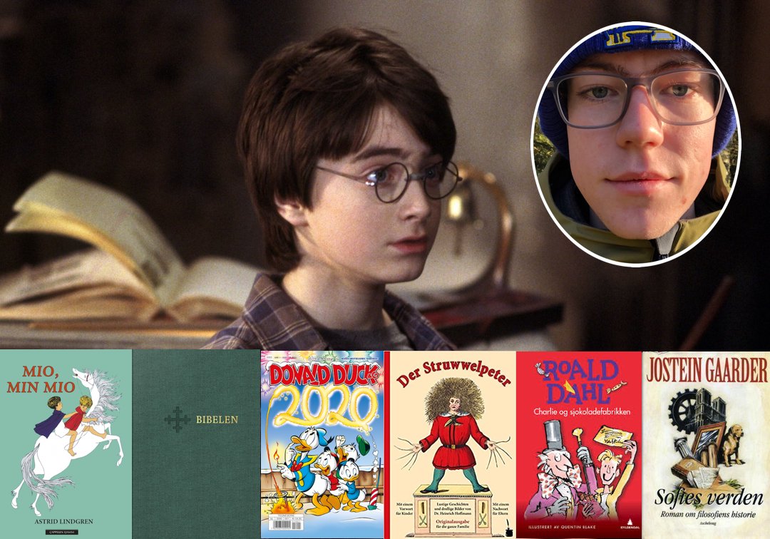 Bokmeldar Magnus Rotevatn (17) skriv om Harry Potter og alle dei andre bøkene som har vekt lesegleda hans. Foto: forlag, filmselskap og privat