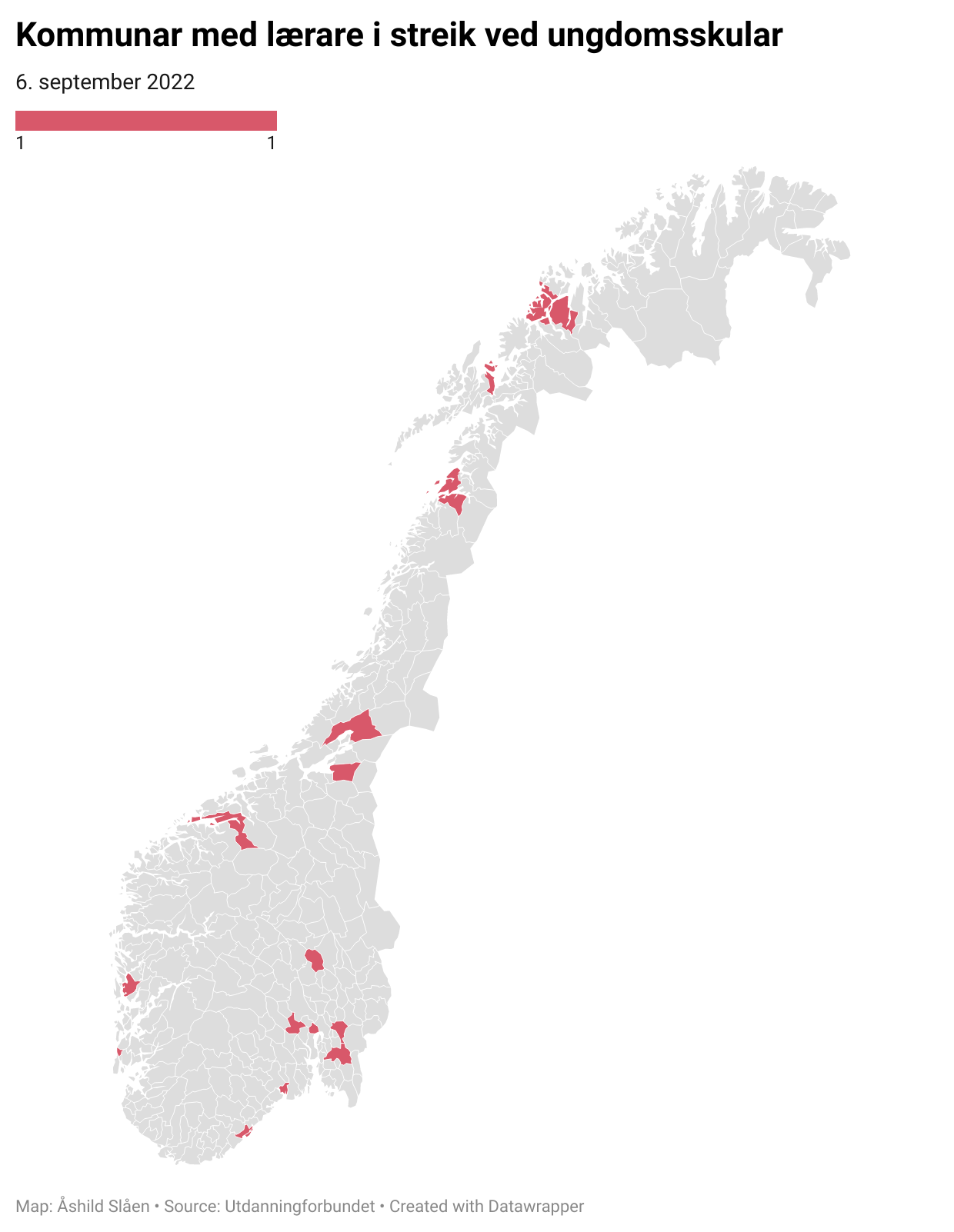 Kart som markerer dei forskjellige kommunane der lærarane streikar.