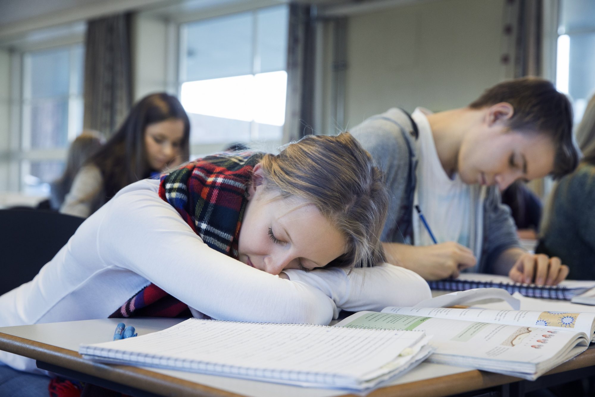 Ein elev søv med hovudet på pulten sin.