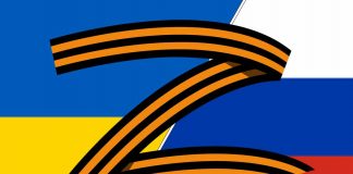 Det russiske og Ukrainske flagget med bokstaven ""Z over seg.
