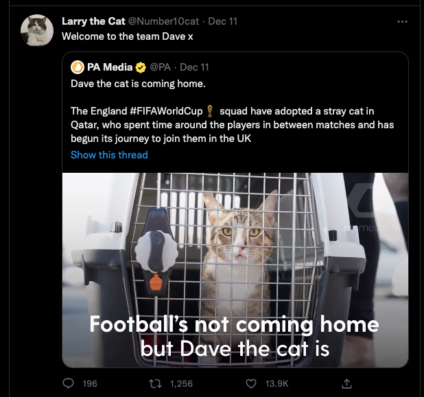 Katten Larry som bur i statsministerbustaden, tvitra ein velkomst til katten Dave. 