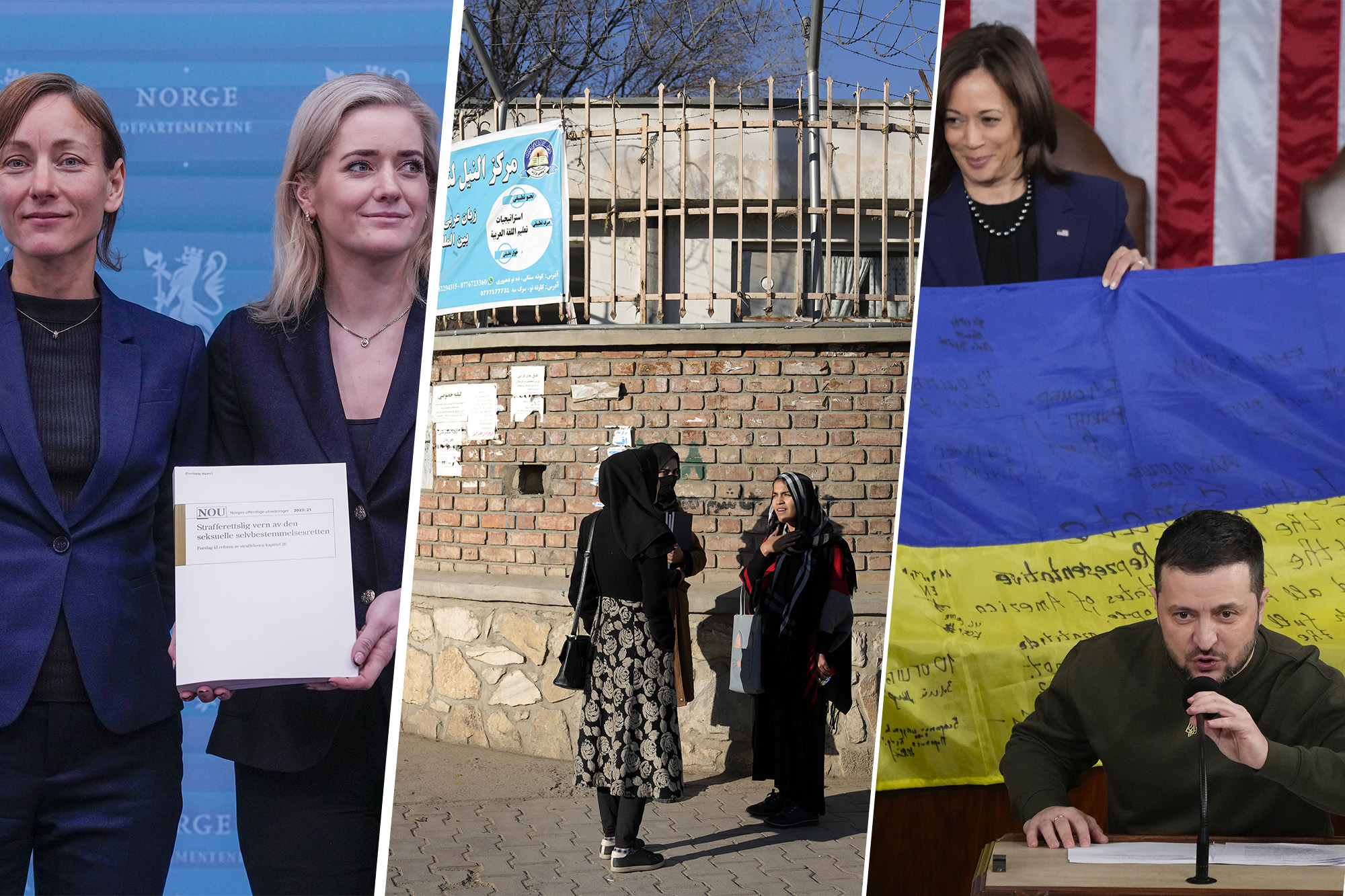 Justisministeren, afcghanske kvinnelege studentar, og presidenten av Ukraina.