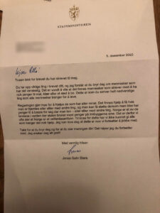 Brevet frå statsministeren til Ella. 