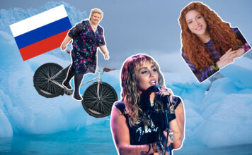 Nyheitsquiz veke 3-bilete med Miley Cyrus, Shakira, Erna Solberg, ein sykkel og eit russisk flagg.