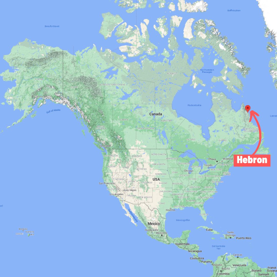 Kart som syner at Hebron ligg heilt aust i Canada, og mot nord.