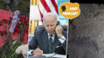 Blomster ved helikoptervrak, President Joe Biden ser over papir, og runestein.