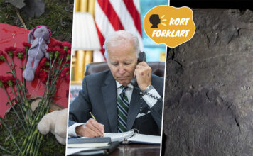 Blomster ved helikoptervrak, President Joe Biden ser over papir, og runestein.