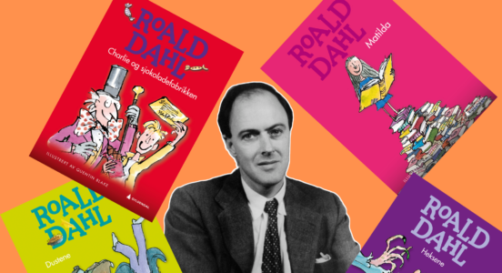 Kollasj med bokomslag og Roald Dahl.