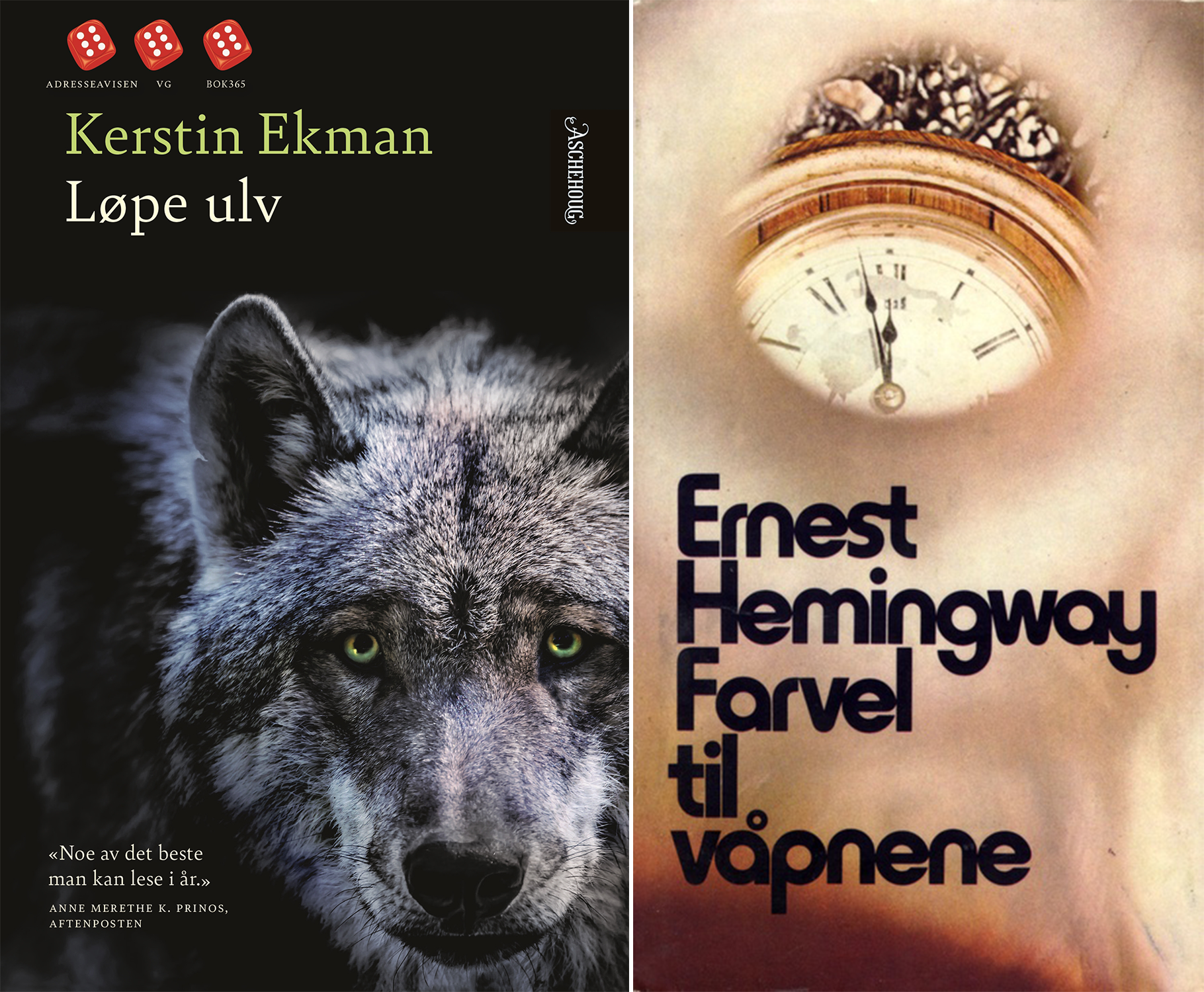Omslag av bøkene "Løpe ulv" av Kerstin Ekman og "Farvel til våpnene" 
