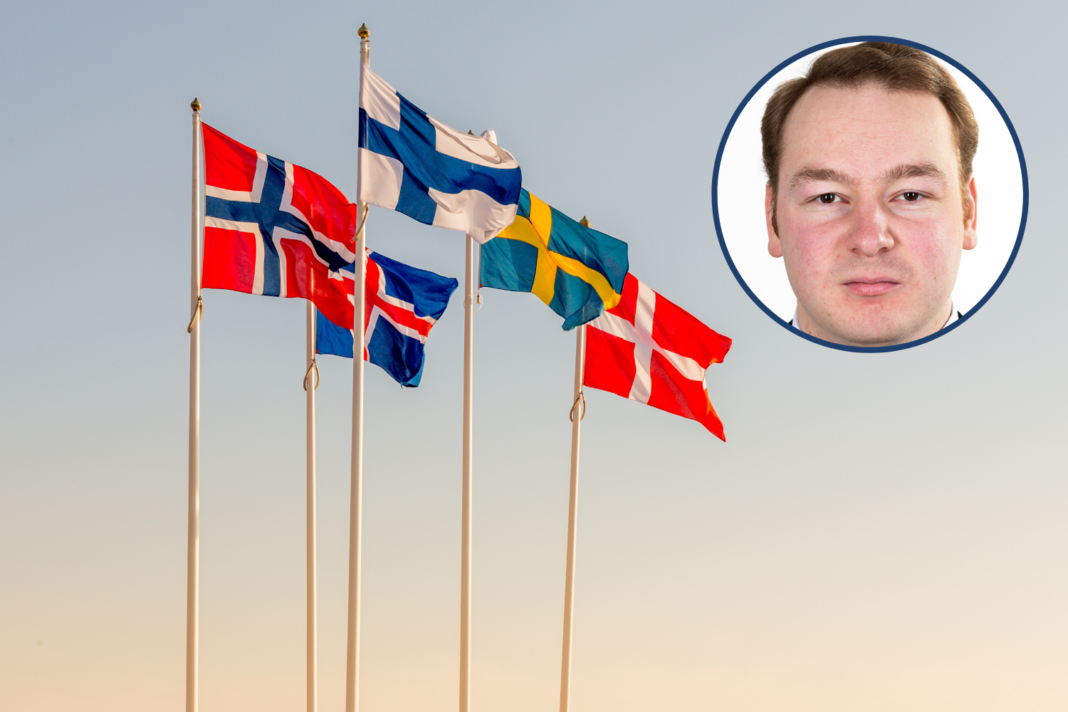 Norsk, svensk, islandsk, dansk og finsk flagg vaiar i vinden.