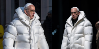 Gammel mann med pave-kallott i ei stor, kvit boblejakke og kjede med kross rundt halsen