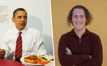 Kollasj med bilete av Barack Obama som får servert ein burgar og Petter Andreas Lona som smiler til kamera.