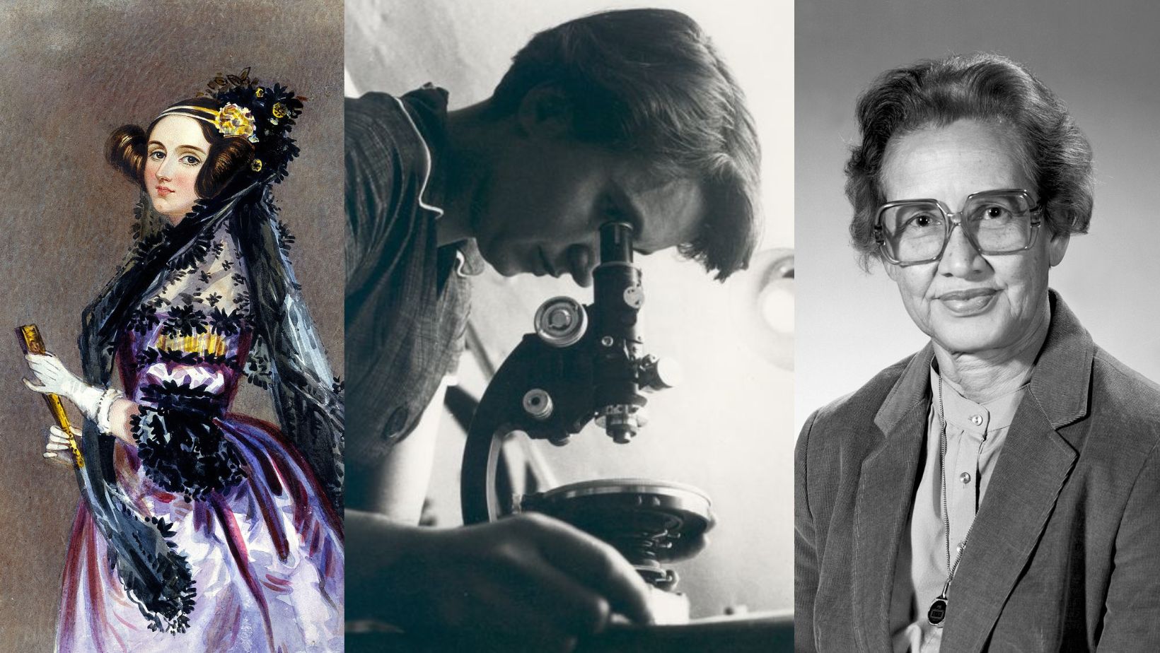 Måleri av kvinne med staselege klede, kvinne med mikroskop og kvinne med briller