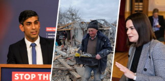 Kollasj av Rishi Sunak, ein ukrainsk mann i ruinar og Svjatlana Tsikhanowskaja