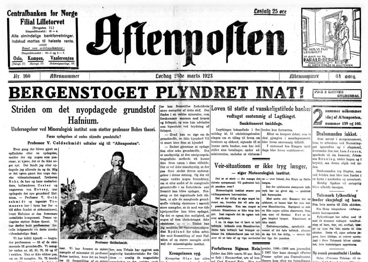 Aftenposten-framside med tittelen "Bergenstoget plyndret inat!"