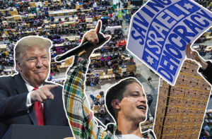 Kollasj med bilete av Trump, Kybo, datatreffet The Gathering og ein demonstrasjonsplakat frå Israel