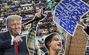 Kollasj med bilete av Trump, Kybo, datatreffet The Gathering og ein demonstrasjonsplakat frå Israel