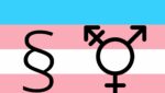 To svarte teikn over blått, rosa og kvitt.