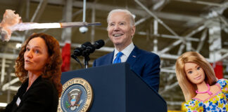 Kollasj med Joe Biden, Camilla Stoltenberg, Barbie-dokke og rakett