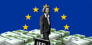 Kvinnee med d EØS-koffert over ein bakgrunn med EUflagget og ein haug med euro.