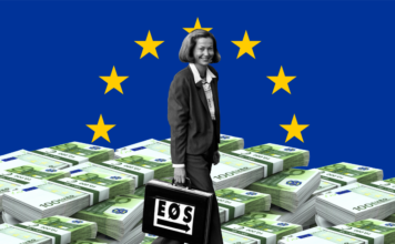 Kvinnee med d EØS-koffert over ein bakgrunn med EUflagget og ein haug med euro.