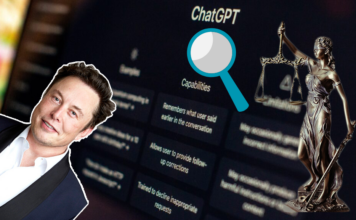 Kollasj med Elon Musk, ChatGPT, forstørringsglas og statue med vekter.