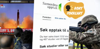 Kollasj med oppskyting av rakett, samordna opptak og soldat med skytevåpen.