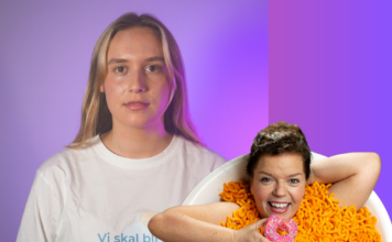 Ung kvinne i kvit t-skjorte og kollasj med Else Kåss Furuseth i badekar med ostepop og doughnut
