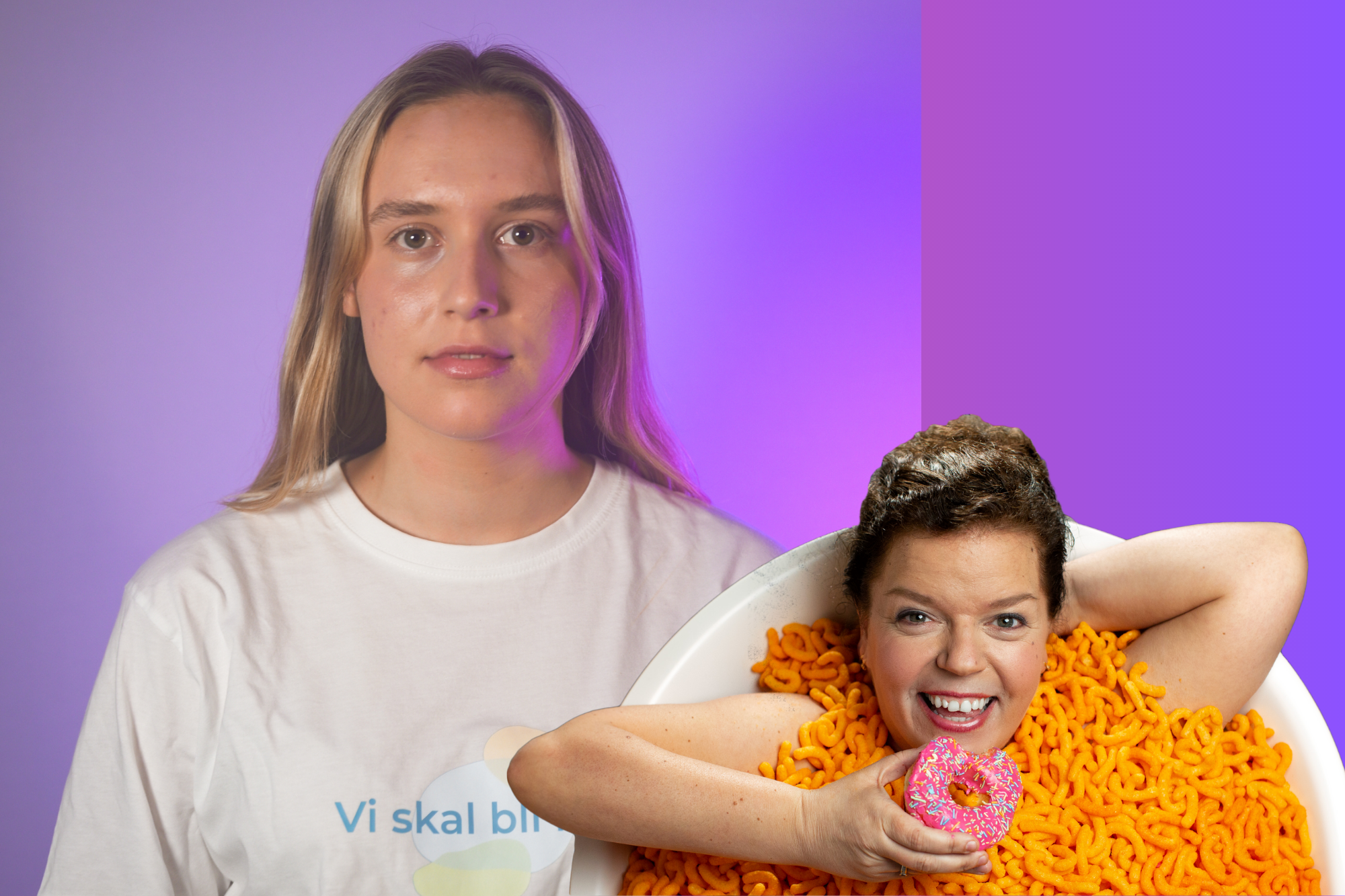Ung kvinne i kvit t-skjorte og kollasj med Else Kåss Furuseth i badekar med ostepop og doughnut