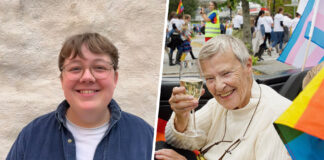 Kollasj: Eldre dame løftar eit glas med champagne mot kamera med Pride-flagg i bakgrunnen, ung kvinne smiler mot kamera.
