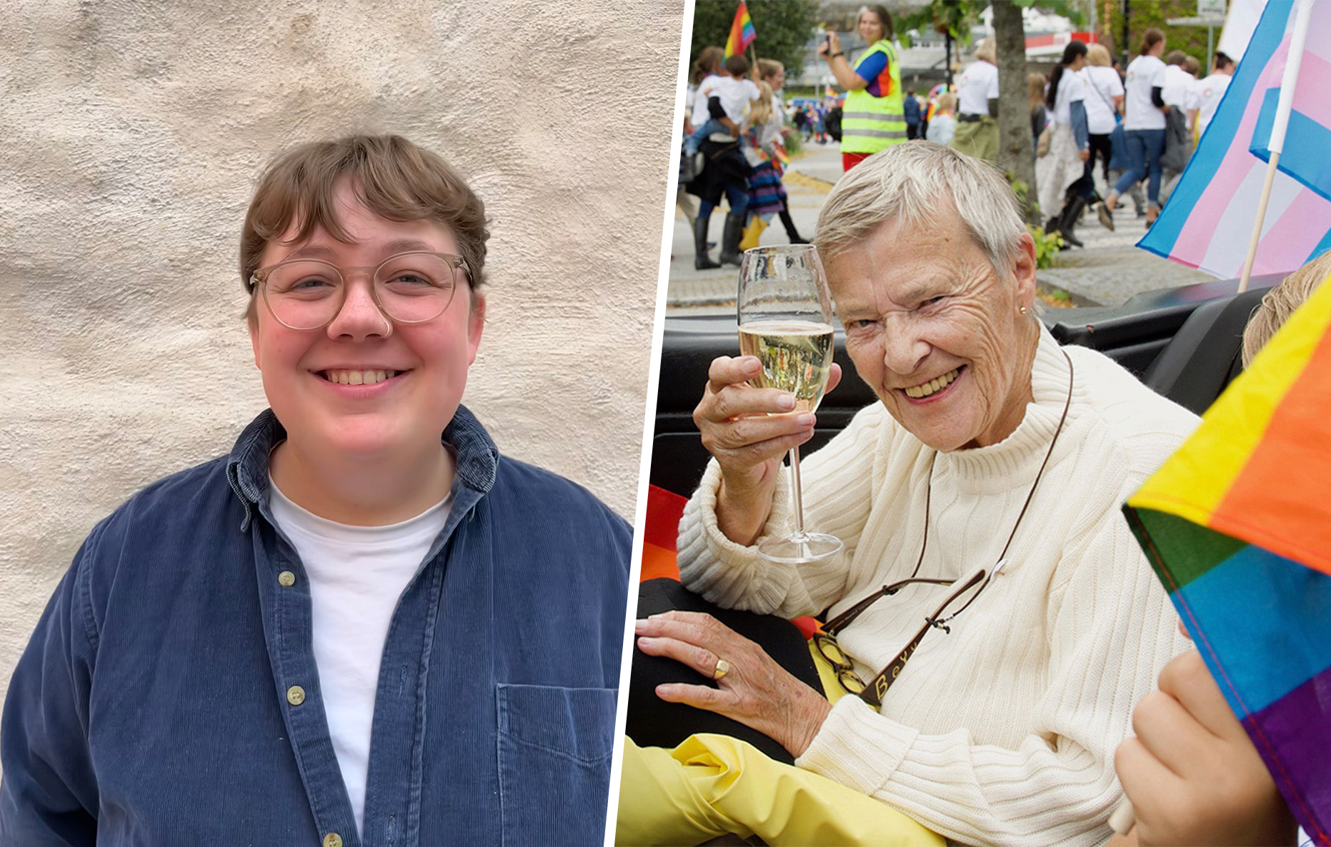 Kollasj: Eldre dame løftar eit glas med champagne mot kamera med Pride-flagg i bakgrunnen, ung kvinne smiler mot kamera.