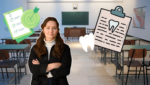 Kollasj med kvinne i klasserom, tenner og eit budsjett
