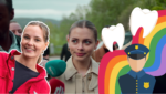 Kollasj med Ingrid Alexandra i russedress, skodespelar Eli Müller Osbourne, regnboge, politi og to tenner