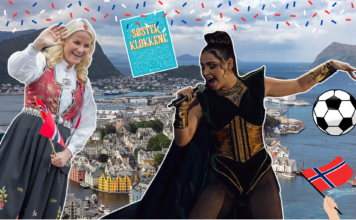 Kollasj av Ålesund, Mette-Marit, Alessandra, ein fotball, norskeflagg og boka Søsterklokkene.