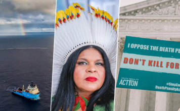 Kollasj av skip, urfolkskvinne frå Brasil og amerikansk plakat mot dødsstraff