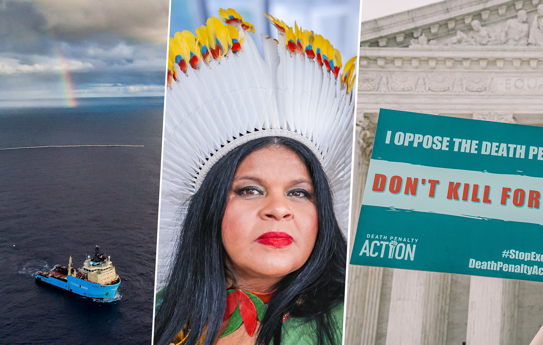 Kollasj av skip, urfolkskvinne frå Brasil og amerikansk plakat mot dødsstraff
