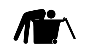 Teikning av person som bøyer seg ned i søppelkasse