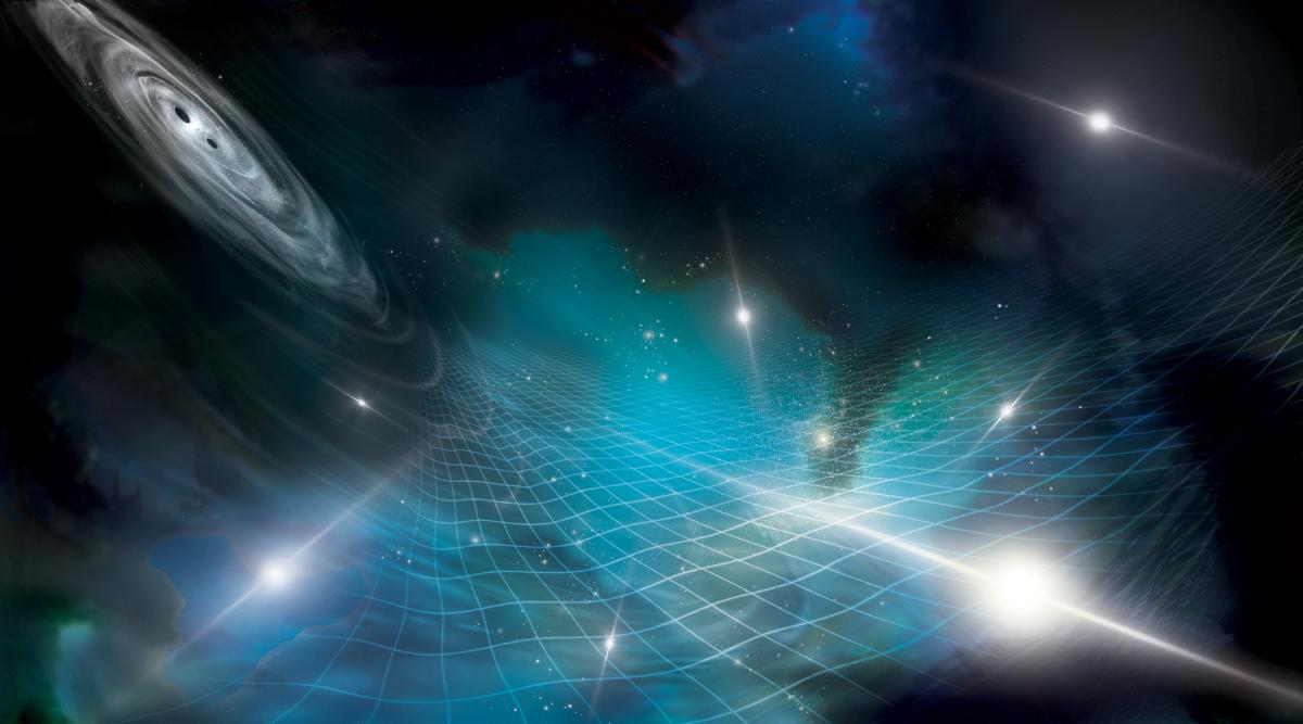 Illustrasjon av gravitasjonsbølgjer i verdsrommet og eit svart hol.
