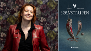 Kvinne med raudt hår og skinnjakke, samt bokomslag til Sølvstrupen