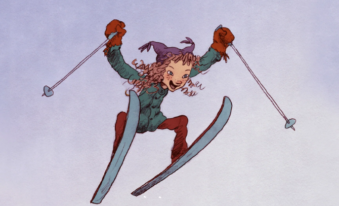 Teikning av jente som hoppar på ski