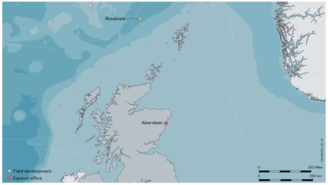 Kart over nordre del av Skottland, Shetland og Rosebank