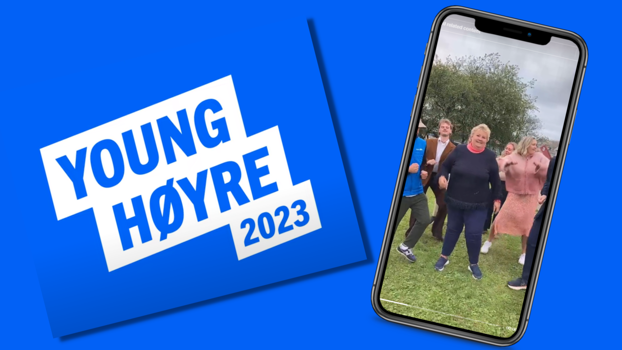 Kollasj av logoen Young Høyre 2023 og ein mobil der eit bilete viser Erna Solberg med fleire