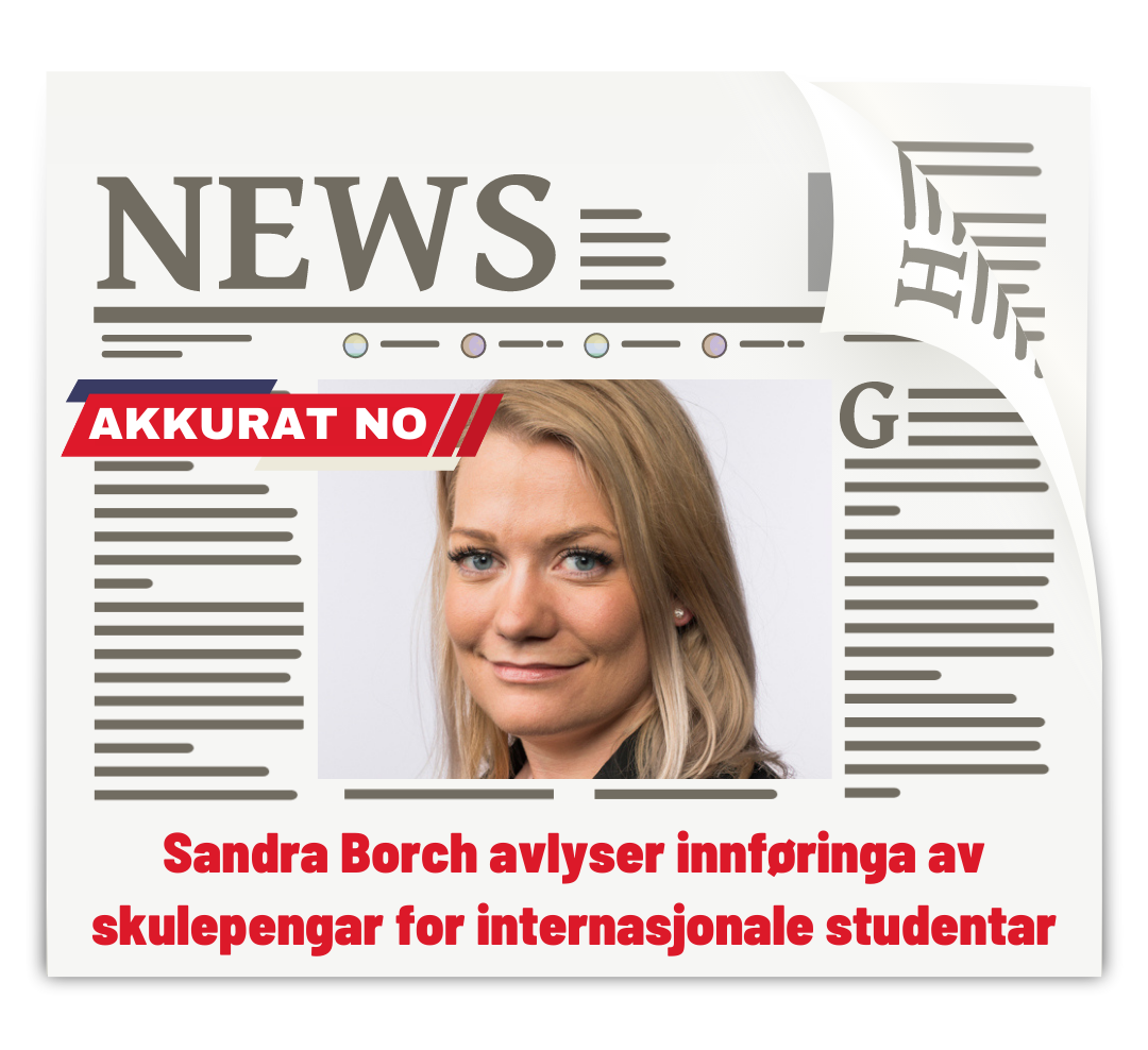 Illustrasjon av avis med overskrifta «Sandra Borch avlyser innføringa av skulepengar for internasjonale studentar»