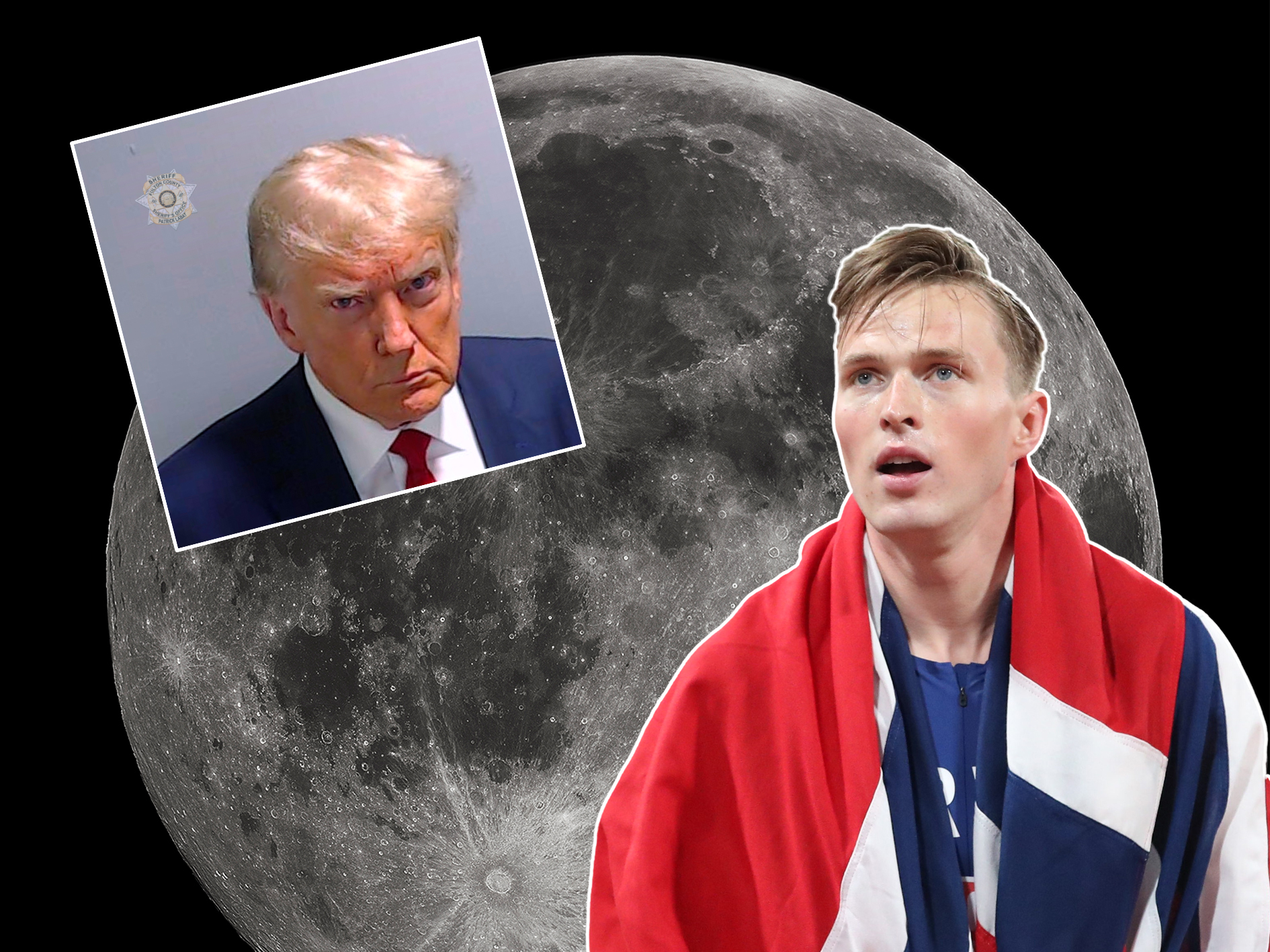 Kollasj av månen, Warholm og Trump.