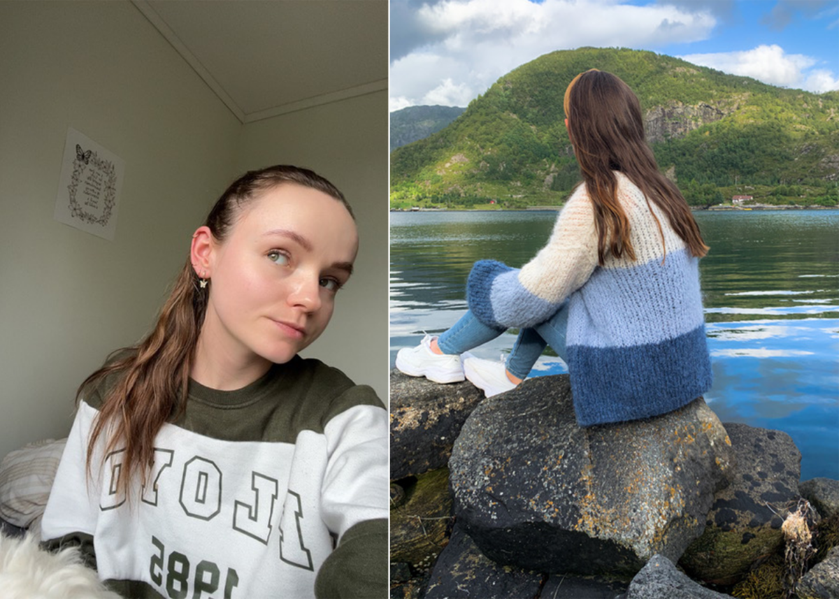 Ung kvinne i selfie og ung kvinne i natur