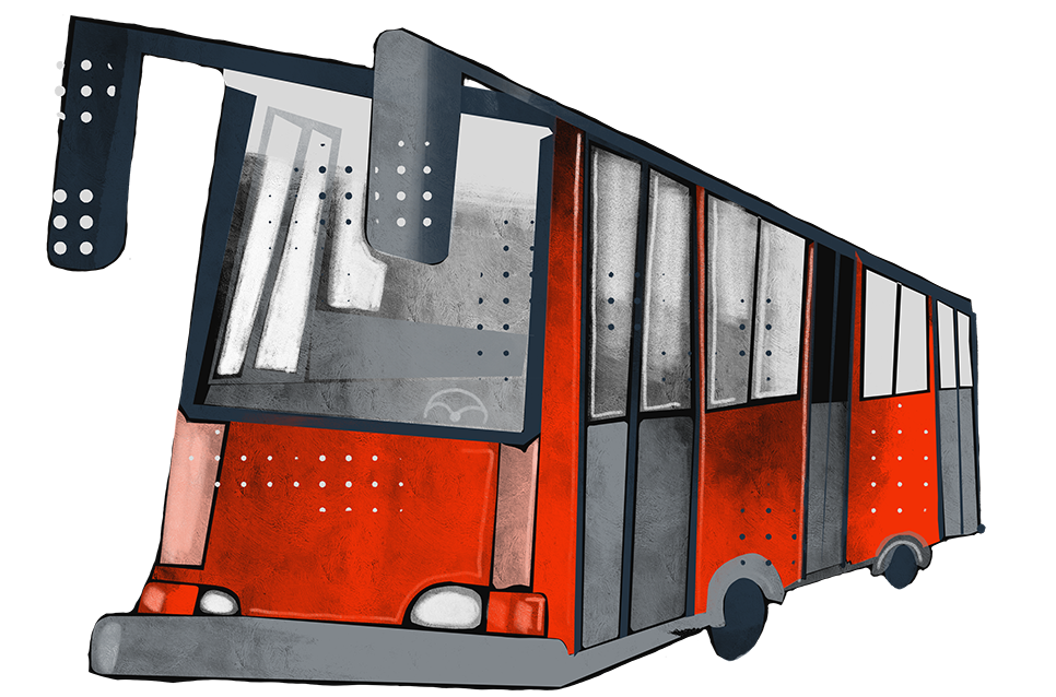 Illustrasjon av ein raud buss