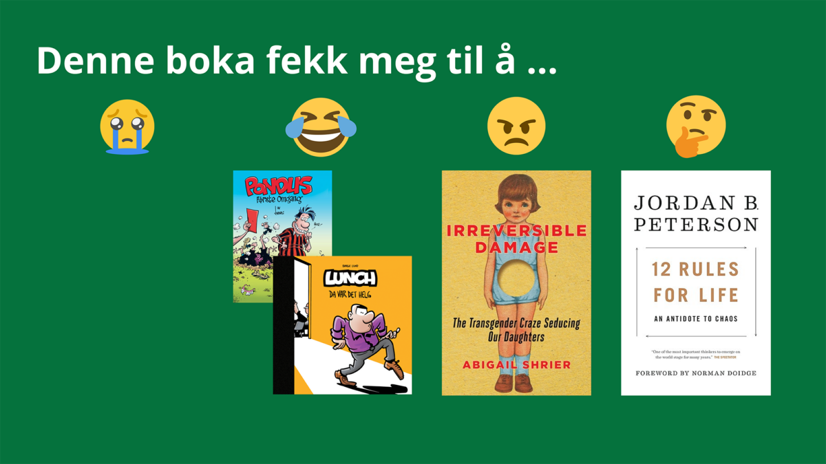 Denne boka/teikneserien fekk meg til å • grine: hittil ikke skjedd. • le: Pondus og Lunch • verte sint: dette skjer heller ikke så ofte... men følte kanskje noe av det da jeg leste Irreversible Damage av Abigail Shrier. • tenkje: 12 Rules for Life av Jordan Peterson