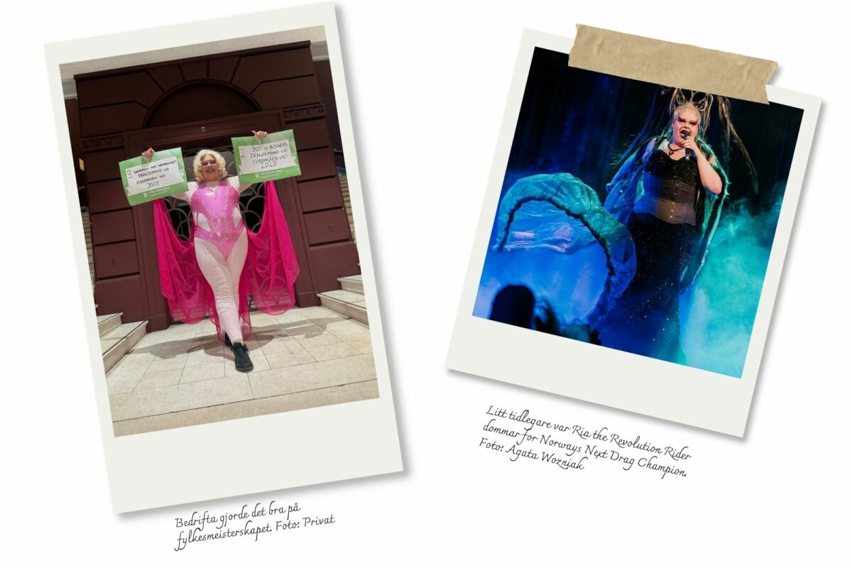 To bilete: Bedrifta gjorde det bra på fylkesmeisterskapet. Foto: Privat. Litt tidlegare var Ria the Revolution Rider dommar for Norways Next Drag Champion. Foto: Agata Wozniak