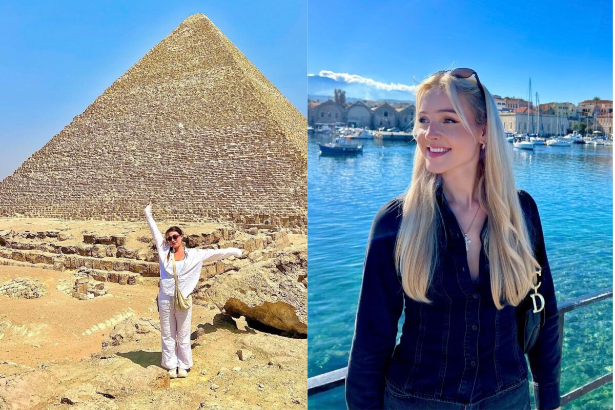 Til venstre står ein jente kledd i kvitt foran ein pyramide. Til høyre står ei blond jente og smiler foran eit blått vann.